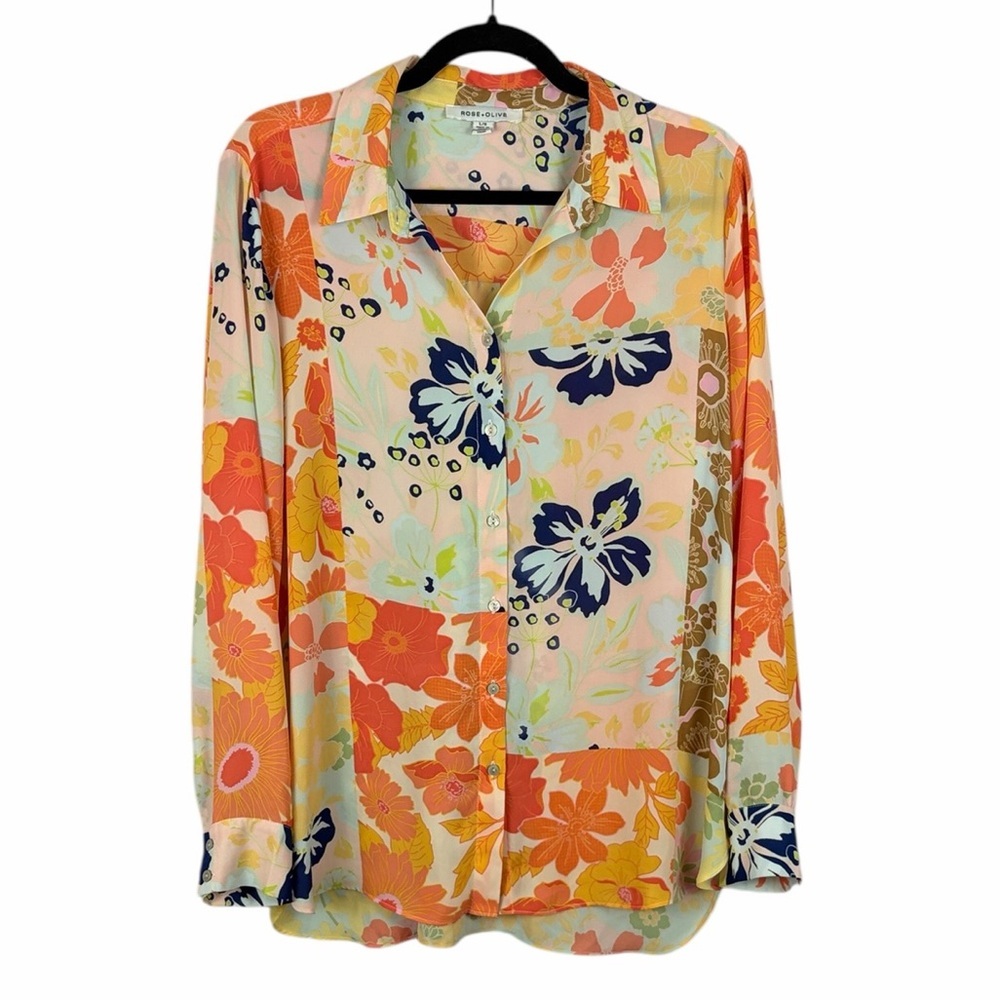 Rose & Olive Patchwork Floral Button-Down Blouse — Orange, Navy, Yellow, Cream